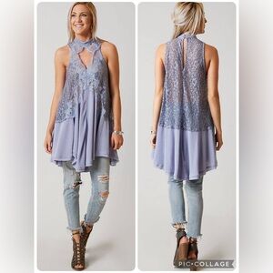 NWT Free People Tell Tale Lace Tunic Dress Purple Blue Cutout Sleeveless Boho S